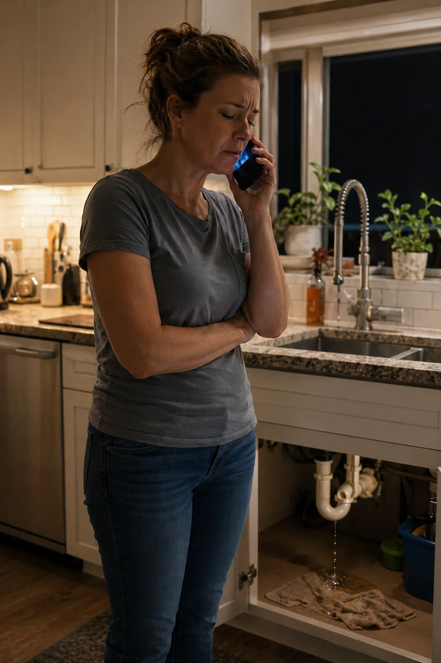 Woman standing at kitchen sink at night calling a plumber leaking pipe visible no answer