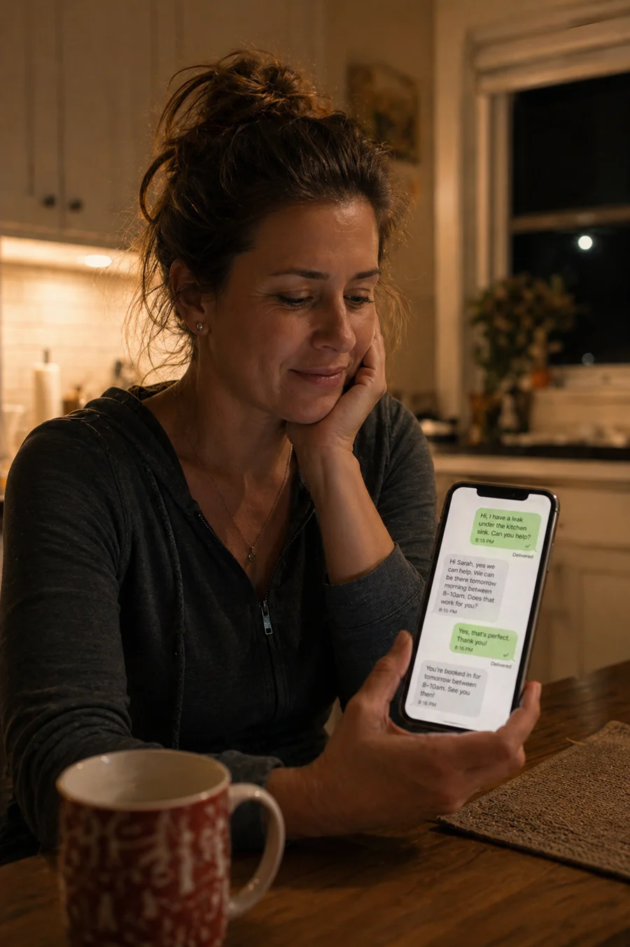 Woman sitting at kitchen table at night reading SMS booking confirmation visibly relieved