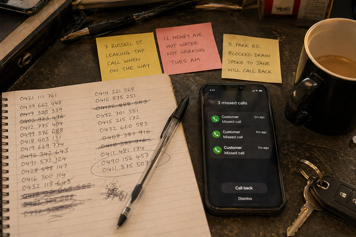 Cluttered work desk with sticky notes showing job details, crossed-out phone numbers, 3 missed calls on phone, and cold coffee