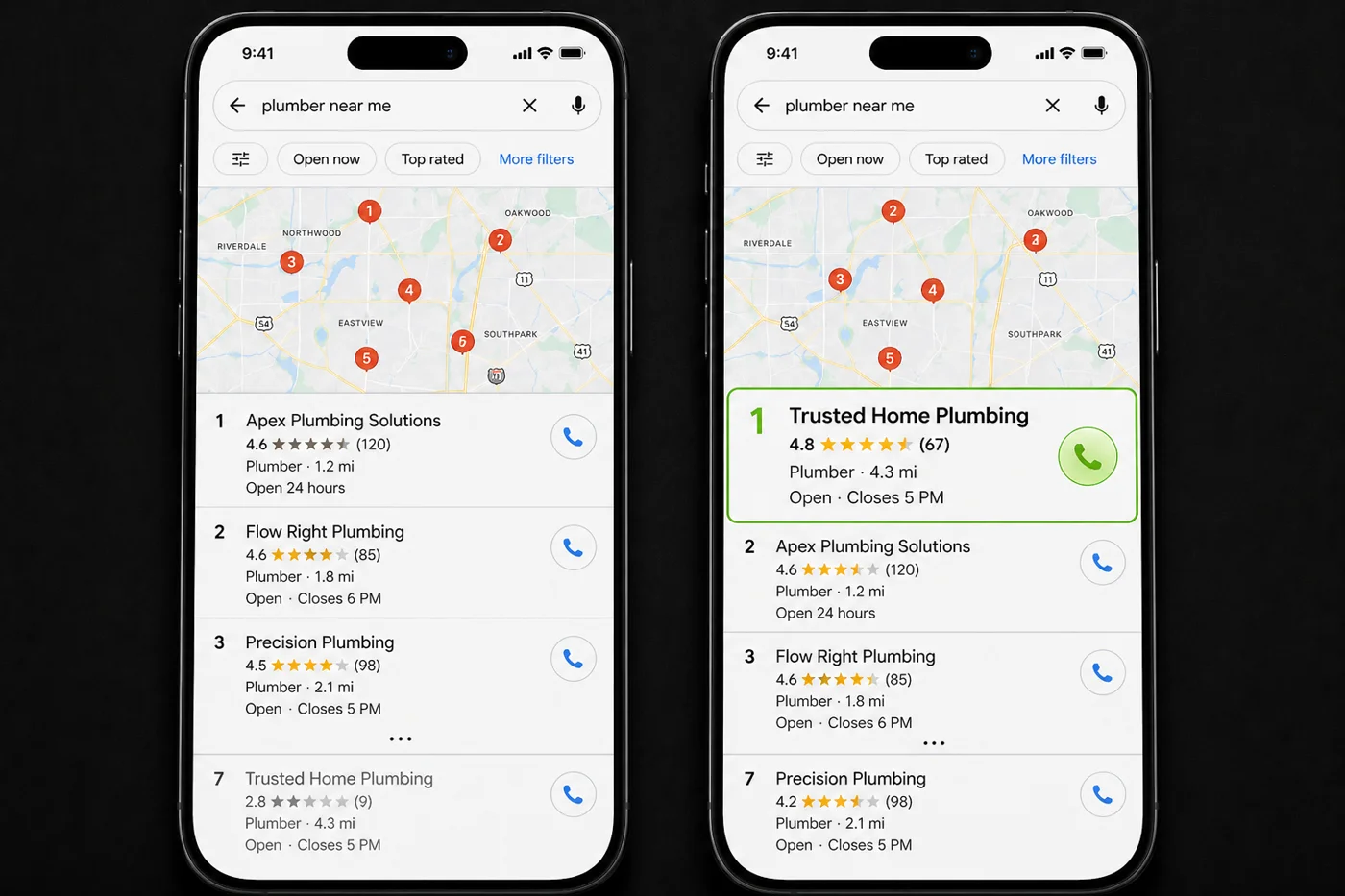 Google Maps before and after from position 7 to position 1 with 4.8 stars