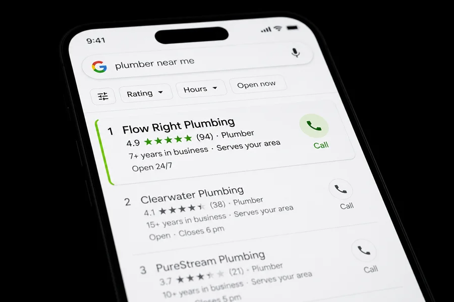 Google Maps local pack position 1 with 4.9 stars