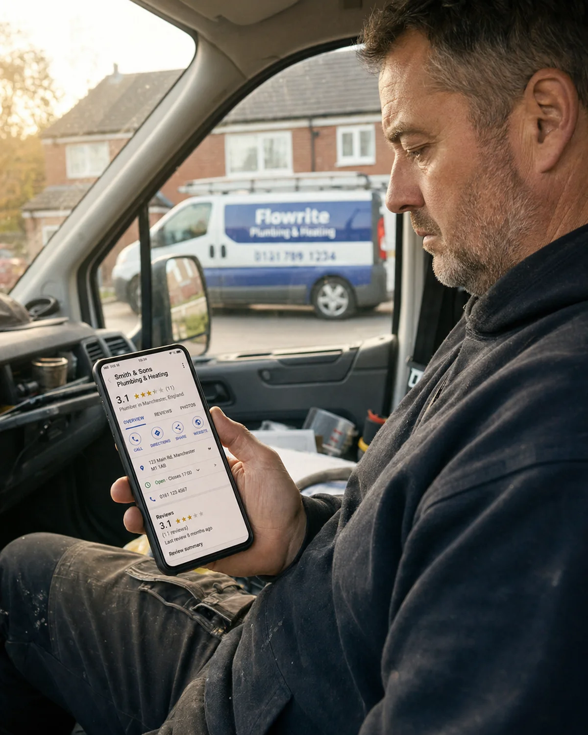 Tradesperson sitting in van looking at 3.1 star Google rating competitor van visible through windscreen