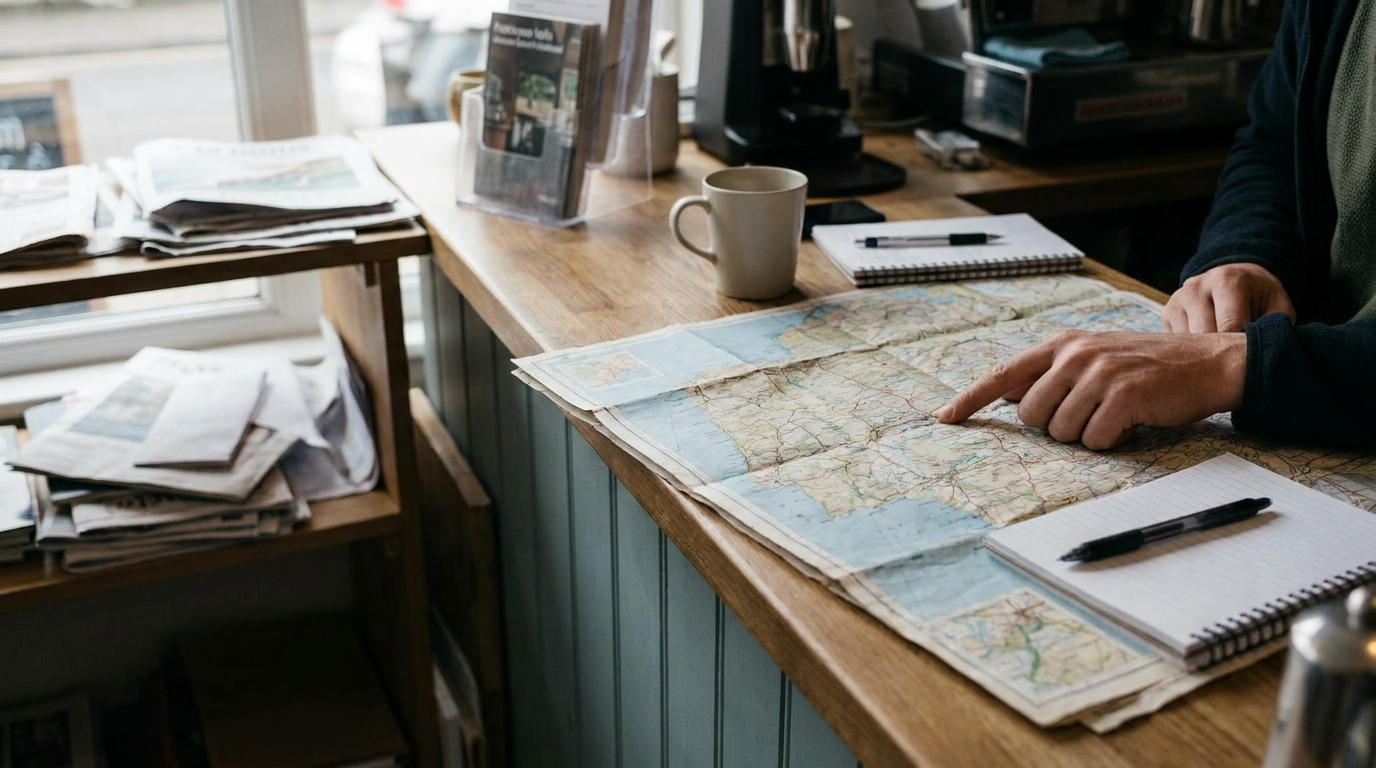 A hand points at a paper road map on a wooden counter beside a coffee mug.